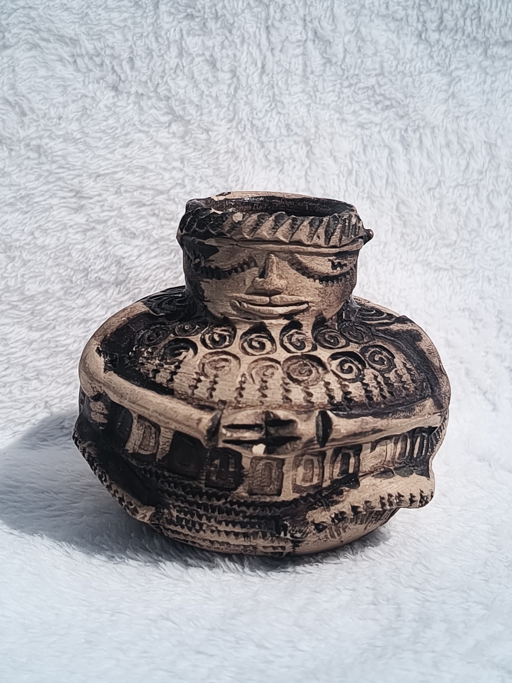 Handmade Tribal Ceramic Sculpture Vase in Tan and Black - Artisan Accent
